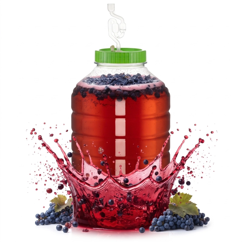 Przezroczysty pojemnik PET 30 l do fermentacji wina, czerwony nastaw z pianą i rozbryzgiem owoców, pokrywa zielona