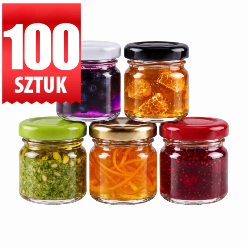 Zestaw 100 szklanych mini słoiczków Regalo 40 ml z kolorowymi wieczkami twist off fi 43, pakiet hurtowy na wesele i targi
