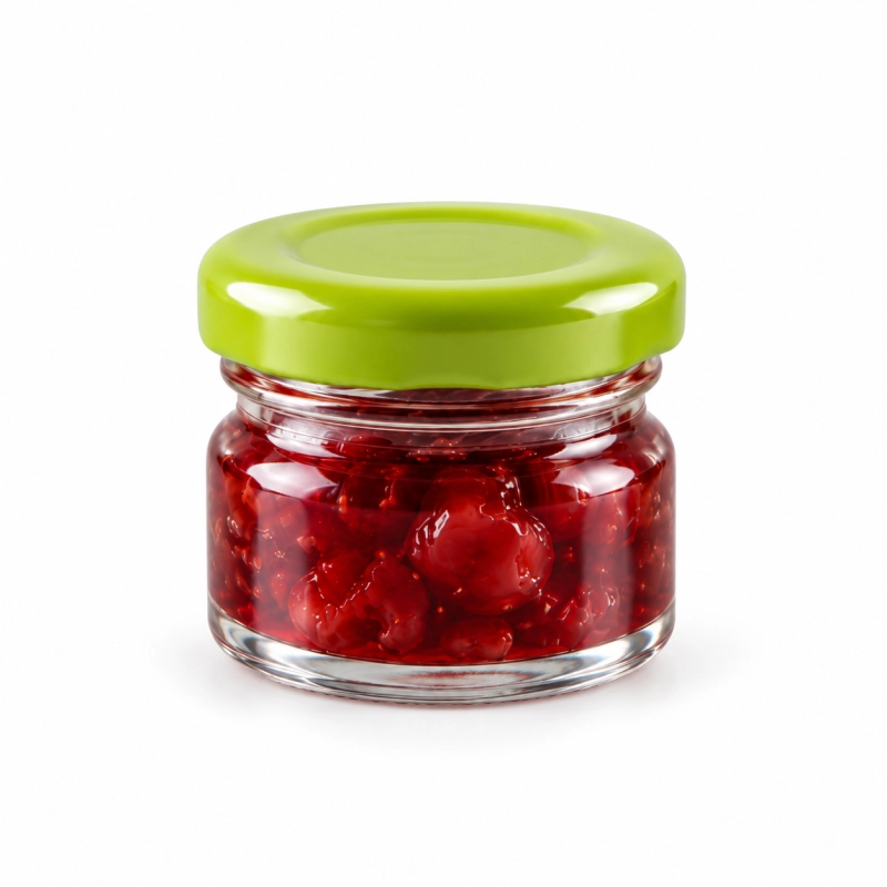 Szklany słoik Regalo 30 ml z zieloną pokrywką fi 43 i czerwoną konfiturą, porcja około 40 g