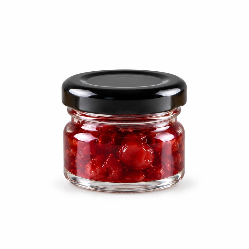 Mini słoik szklany Regalo 30 ml z czerwonym wieczkiem i konfiturą, pojedynczy egzemplarz z kartonu 50 sztuk