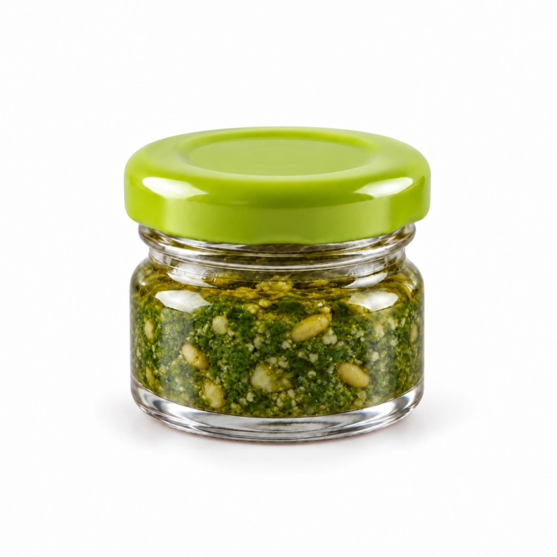 Niski słoik szklany Regalo 30 ml z zieloną pokrywką twist off i zieloną pastą ziołową, upominek firmowy z własnym smakiem