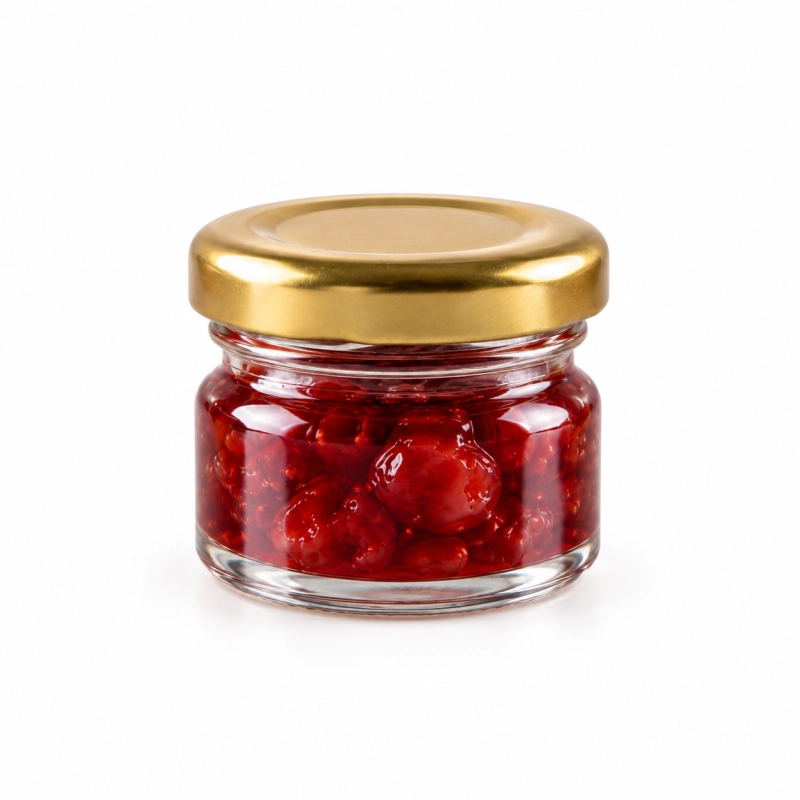 Mały słoik ze szkła Regalo 30 ml ze złotym wieczkiem fi 43 i miodem, pojedyncza porcja około 40 g z pasieki