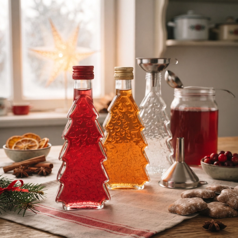 Butelki choinka 250 ml ze szkła z nalewką i kieliszkiem na jasnym stole przy oknie, dekoracja świąteczna