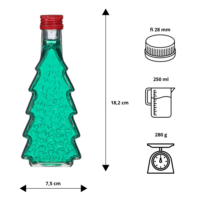 Szklana choinka 250 ml z zieloną nalewką i tabliczką oznaczeń, szkło spożywcze, 18,5 cm wysokości