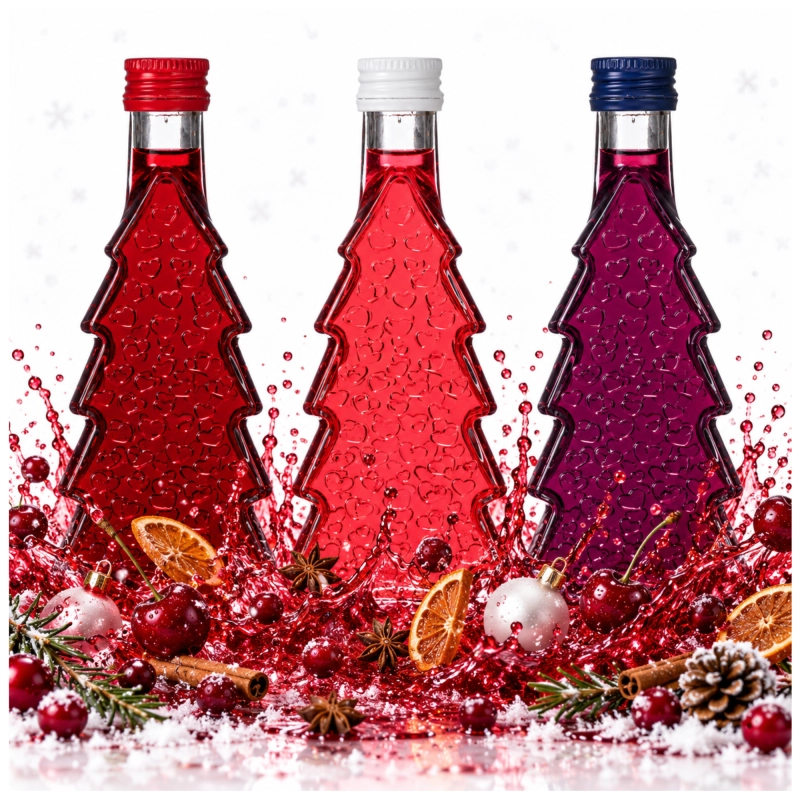 Zestaw 5 butelek świątecznych choinka ze szkła, 250 ml, z ciemnymi likierami na tle czerwonych ozdób