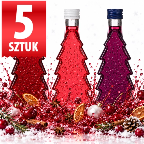 Zestaw 5 butelek na prezent świąteczny Choinka 250 ml Serca, grube szkło, gwint fi 28 mm 