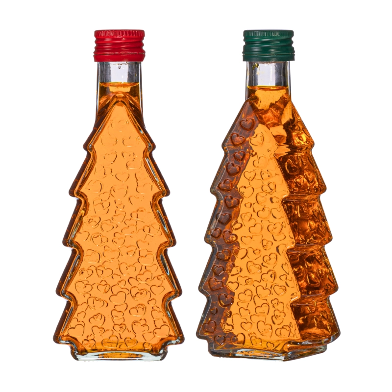 Butelki choinka 250 ml ze szkła bezbarwnego z zieloną i czerwoną zakrętką 28/18, syrop i likier