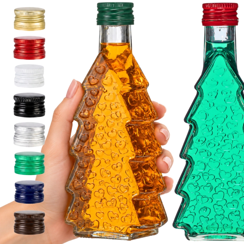 Pakiet 10 szklanych butelek choinka 250 ml, razem 2,5 l, metalowe zakrętki 28/18 w mieszanych kolorach