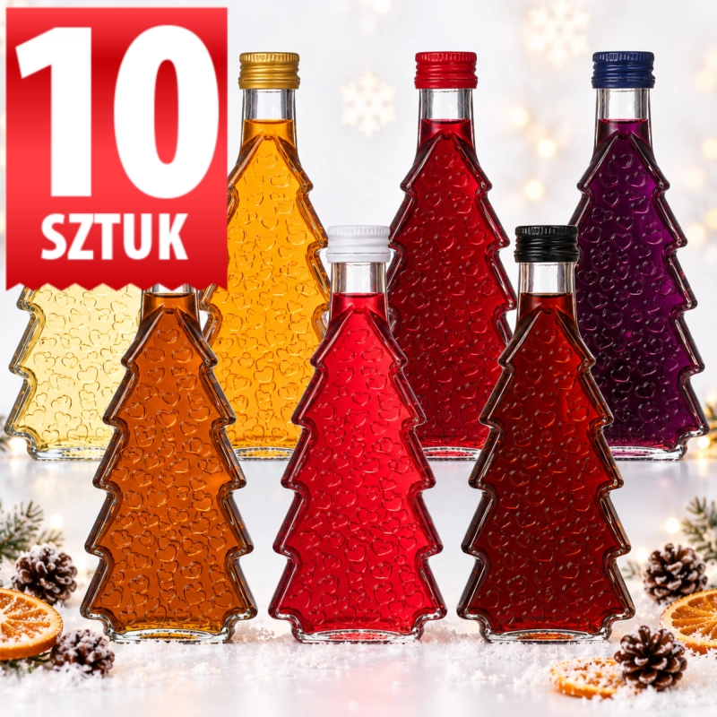 Pakiet 10 szklanych butelek choinka 250 ml z kolorowymi nalewkami, tłoczone serca, zapas na sezon