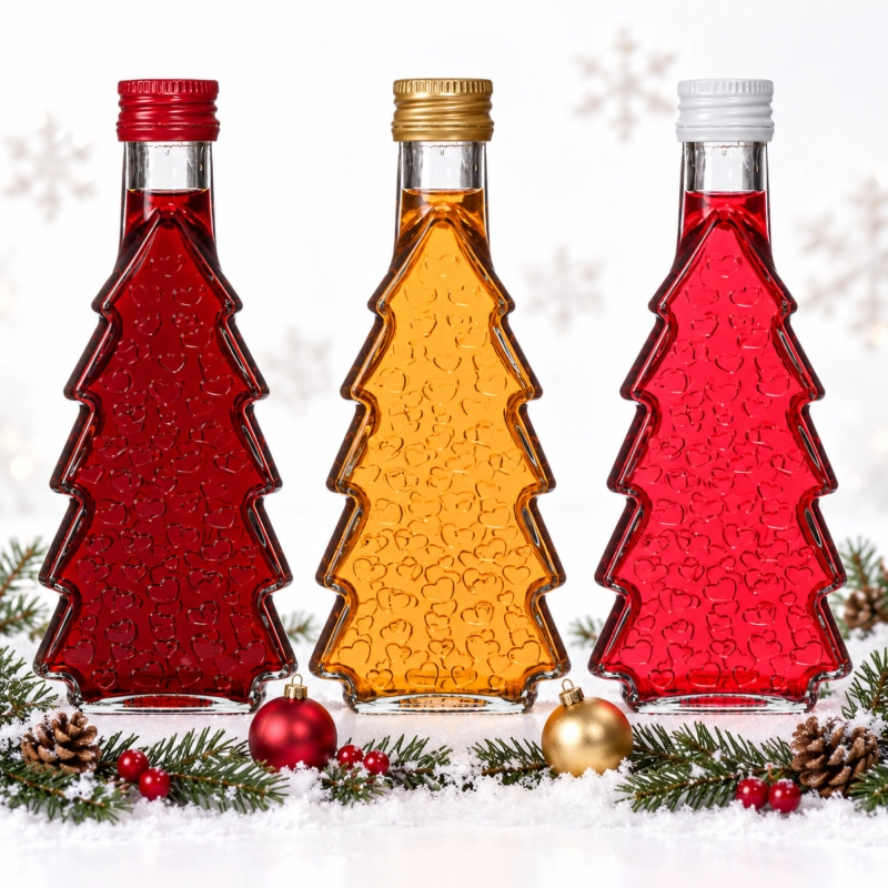 Pakiet czerwonych i złotych szklanych butelek choinka 250 ml ustawionych rzędem, tłoczone serca