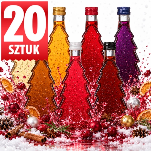 Zestaw 20 butelek na prezent świąteczny Choinka 250 ml Serca, grube szkło, gwint fi 28 mm 