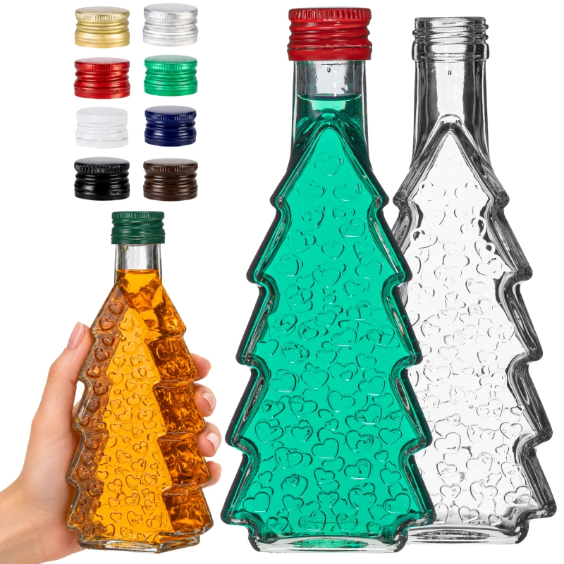 Karton 20 butelek choinka 250 ml ze szkła bezbarwnego, razem 5 l, zakrętki metalowe 28/18 do mieszania