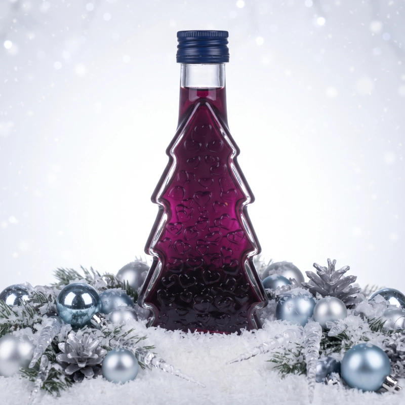 Szklana choinka 250 ml z ciemną nalewką na granatowym tle z zimowymi dekoracjami, prezent dla nauczyciela