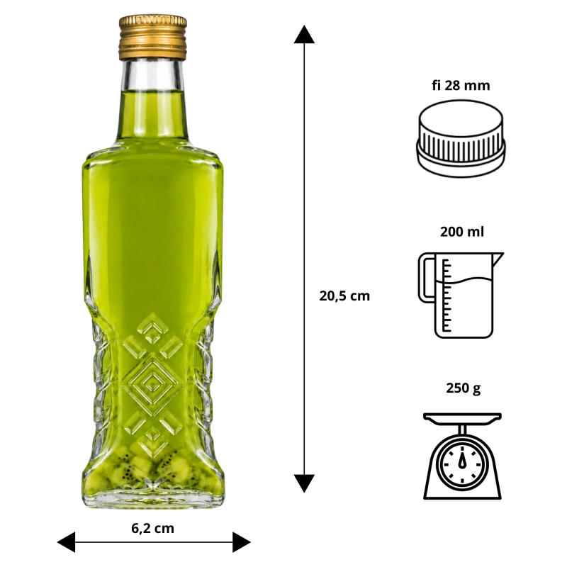 Butelka szklana Warszawa 200 ml z zielonym syropem obok rysunku technicznego z wymiarami i gwintem 28/18