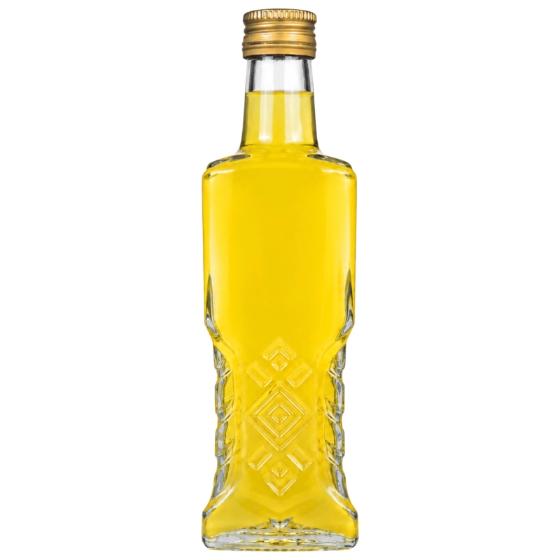 Butelka szklana Warszawa 200 ml z żółtym likierem cytrynowym, wytłaczane romby i gwint fi 28 mm