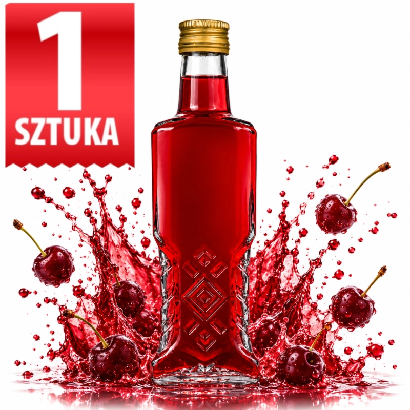 Szklana butelka Warszawa 200 ml z czerwoną nalewką i rozpryskiem owoców, zdobione szkło z wzorem rombów