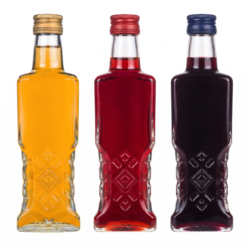 Komplet 5 zdobionych butelek Warszawa 200 ml, obok siebie butelka ze złotym likierem i z ciemną wiśniówką