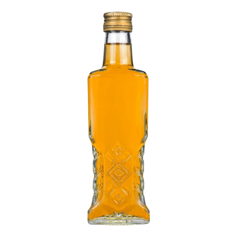 Szklana butelka Warszawa 200 ml z miodową nalewką, gładka ścianka pod etykietę i wytłaczane romby, gwint fi 28
