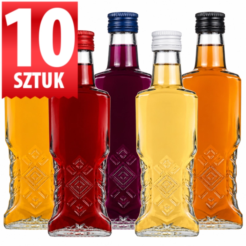 Pakiet 10 szklanych butelek Warszawa 200 ml, rząd flaszek z nalewkami w kolorach od złotego po ciemną czerwień