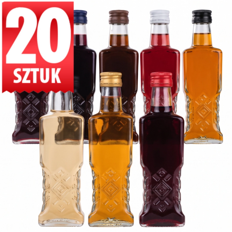 Opakowanie 20 szklanych butelek Warszawa 200 ml, rząd flaszek z nalewkami w różnych barwach, plakietka 20 szt.