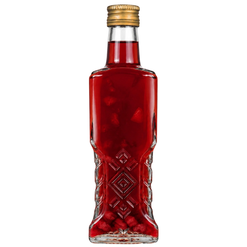 Flaszka szklana Warszawa 200 ml z bursztynową nalewką i ciemną zakrętką, wzór rombów, jedna z 50 w kartonie