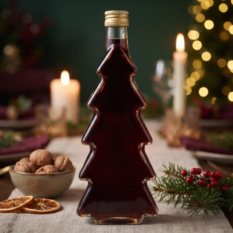 Butelka świąteczna choinka ze szkła 500 ml z ciemnym płynem na stole z lampkami i ozdobami, na wino domowe