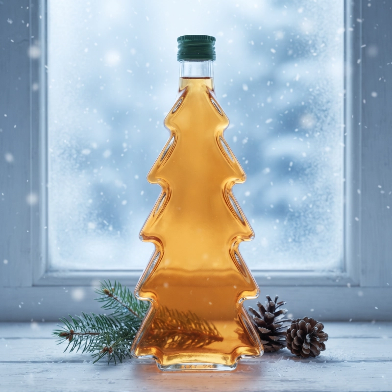 Butelka choinka ze szkła 500 ml ze złotym płynem na białym tle ze śniegiem i gałązkami, na likiery domowe
