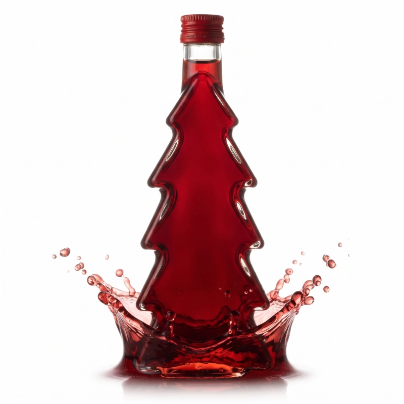 Szklana butelka choinka 500 ml wypełniona ciemnoczerwoną nalewką, grube szkło do kontaktu z żywnością