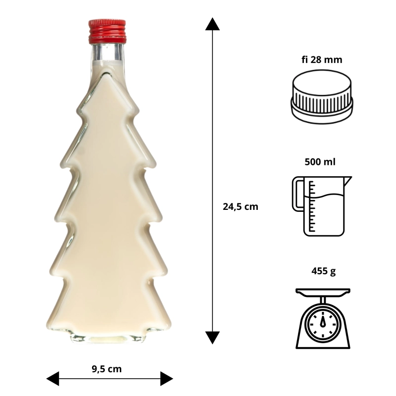 Butelka choinka 500 ml ze szkła bezbarwnego z piktogramami parametrów, pusta, wysokość 24,5 cm