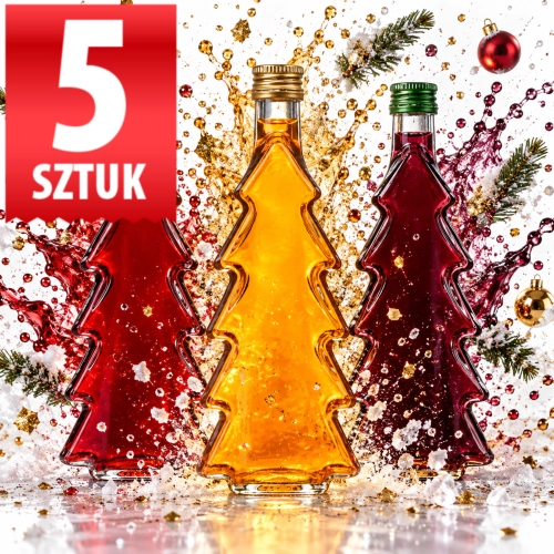Zestaw 5 butelek na prezent świąteczny Choinka 500 ml, gładkie grube szkło, gwint fi 28 mm 