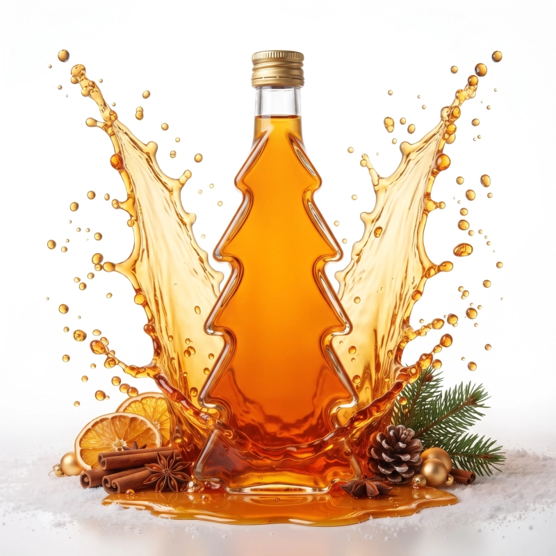 Choinka szklana 500 ml ze złotą nalewką i rozpryskiem płynu na białym tle, gwint fi 28 mm