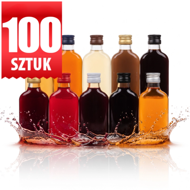 Karton hurtowy 100 szklanych piersiówek Onyks 90 ml z kolorowymi nalewkami, 9 litrów na wesele i sezon nalewkowy