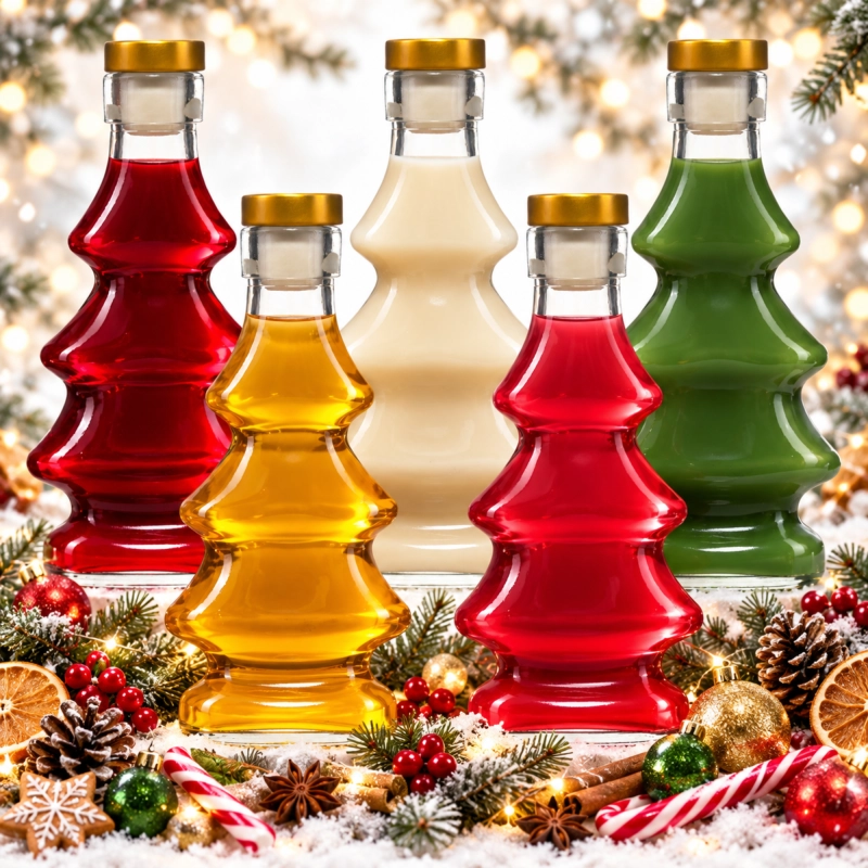 Trzy szklane butelki choinki 100 ml z zielonym, czerwonym i złotym likierem domowym, zestaw degustacyjny
