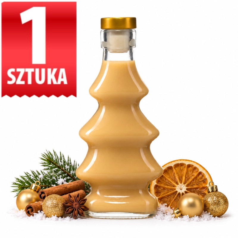 Szklana butelka choinka 3D 100 ml z korkiem grzybkiem, wypełniona złocistą nalewką, widok z przodu, 1 sztuka