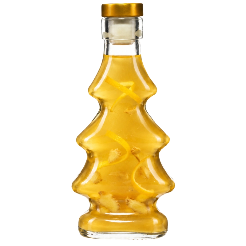 Pusta szklana butelka choinka 3D 100 ml z korkiem grzybkiem na białym tle, bezbarwne szkło, widok z przodu