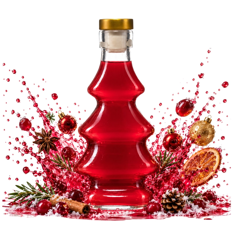 Szklana flaszka choinka 100 ml z czerwoną nalewką i rozpryskiem płynu, złoty korek grzybek, pomysł na upominek