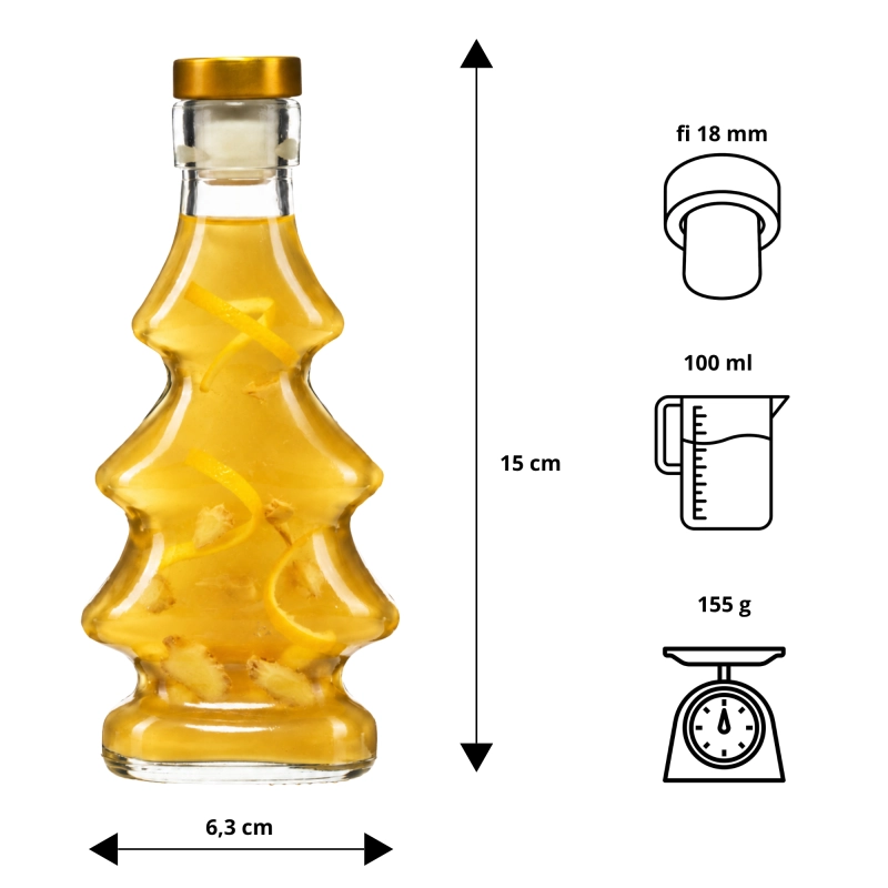 Butelka choinka 100 ml ze szkła bezbarwnego, wysokość 15 cm, szerokość 6,3 cm, korek grzybek, wymiary buteleczki