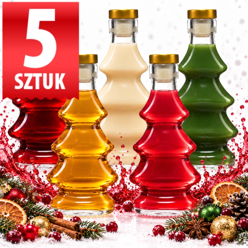 Zestaw 5 szklanych butelek choinek 100 ml z korkami grzybkami, wypełnionych kolorowymi nalewkami, widok z przodu