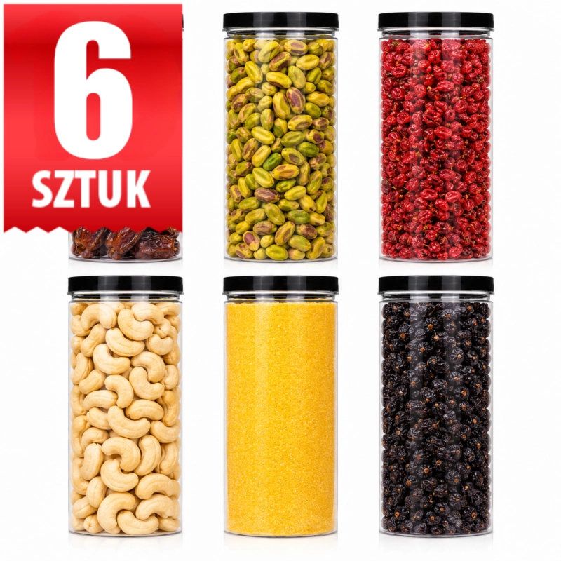 Zestaw 6 plastikowych słoików PET 1,5 l z czarnymi zakrętkami fi100 na produkty sypkie