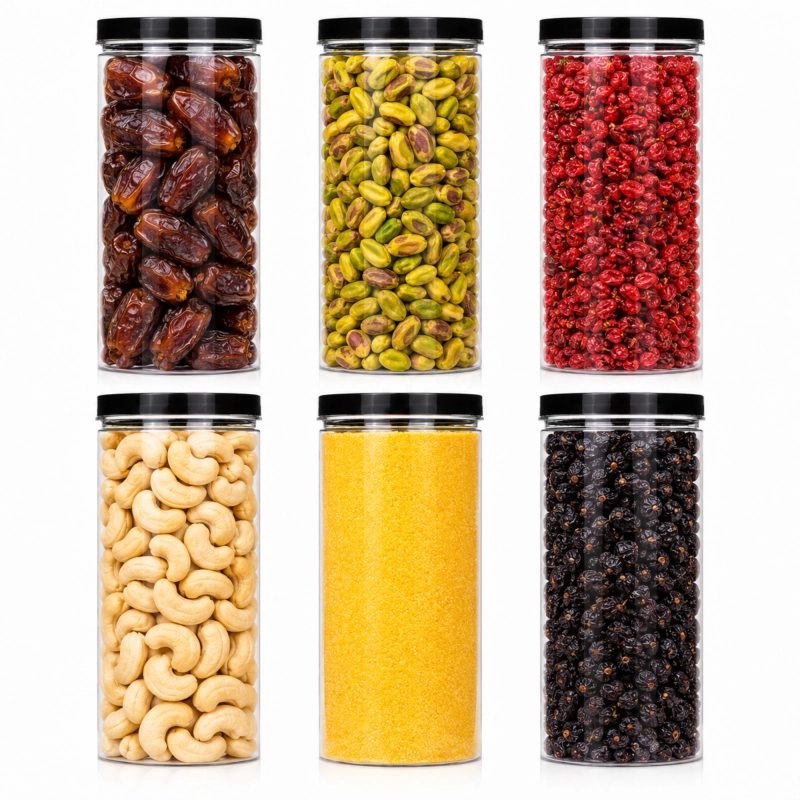 6 przezroczystych pojemników PET 1500 ml z czarnymi wieczkami — komplet na kuchenną półkę