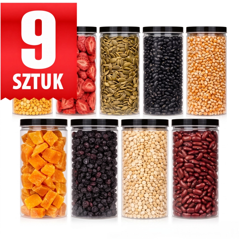 Zestaw 9 słoików PET 1,5 l z czarnymi zakręcanymi wieczkami fi 100, pojemniki kuchenne na produkty sypkie