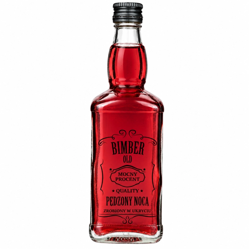 Szklana flaszka Jack 500 ml z sitodrukiem Pędzony Nocą wypełniona czerwoną nalewką, z ciemną zakrętką fi 28