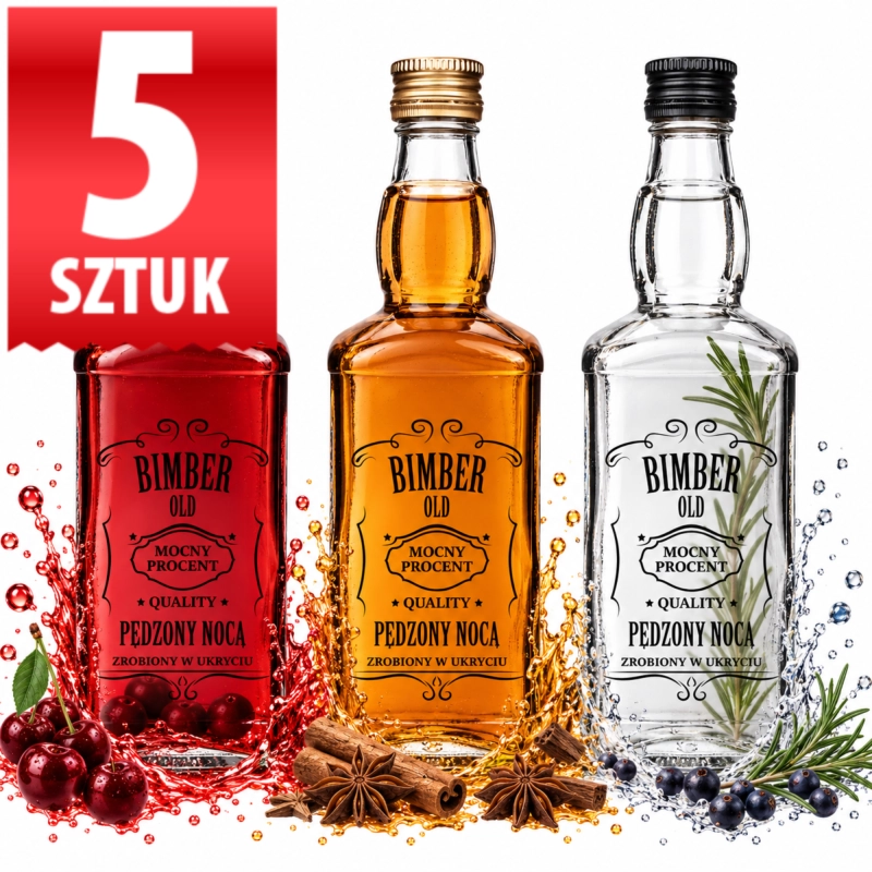 Zestaw 5 szklanych butelek Jack 500 ml z sitodrukiem Bimber Pędzony Nocą, na froncie czerwona, bursztynowa i pusta