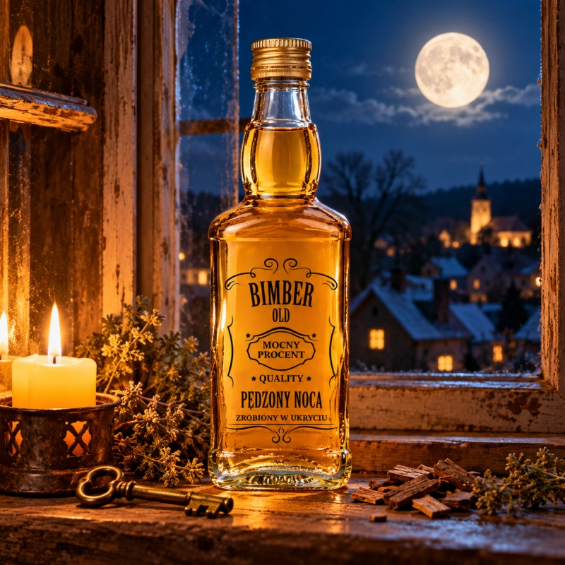Butelka szklana Jack 500 ml z nadrukiem Bimber Pędzony Nocą przy oknie w świetle księżyca, prezent na męski wieczór