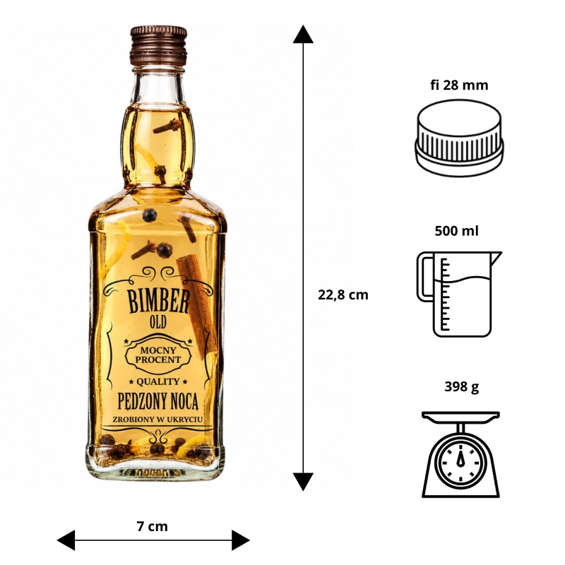 Rysunek z wymiarami szklanej butelki Jack 500 ml z nadrukiem Pędzony Nocą oraz zakrętkami fi 28 do wyboru