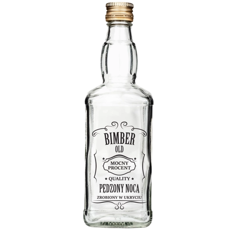 Przezroczysta, pusta butelka szklana Jack 500 ml z gwintem fi 28 i czarnym nadrukiem Bimber Pędzony Nocą z boku