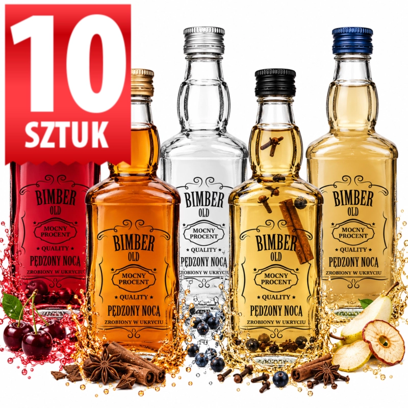 Zestaw 10 szklanych butelek Jack 500 ml z czarnym sitodrukiem Bimber Pędzony Nocą, z czerwonymi, złotymi i pustymi sztukami