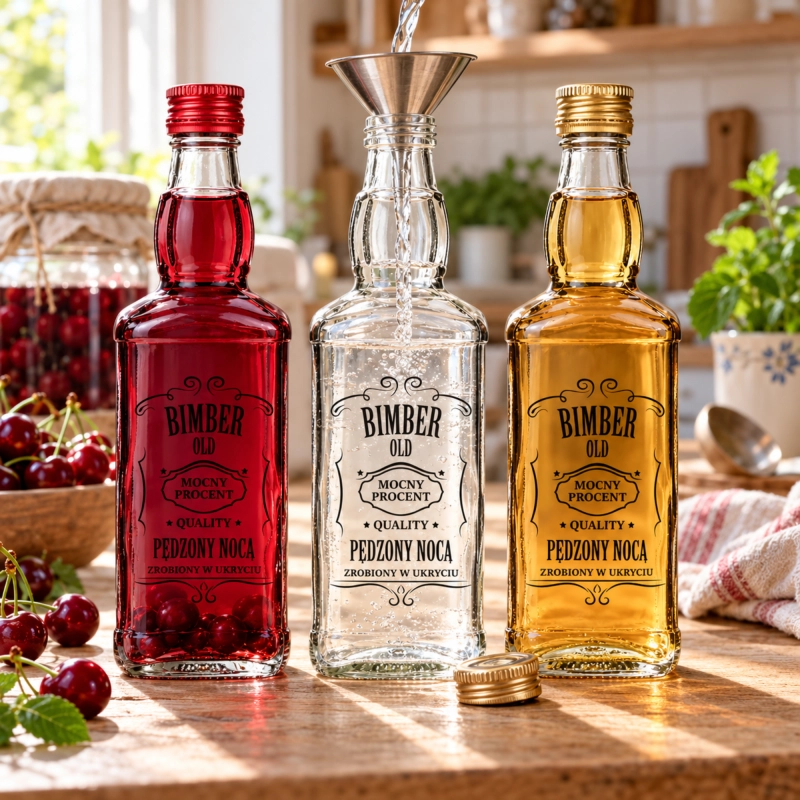 Butelki szklane Jack 500 ml z sitodrukiem Pędzony Nocą i czerwonymi nalewkami na świątecznym stole, prezent na święta