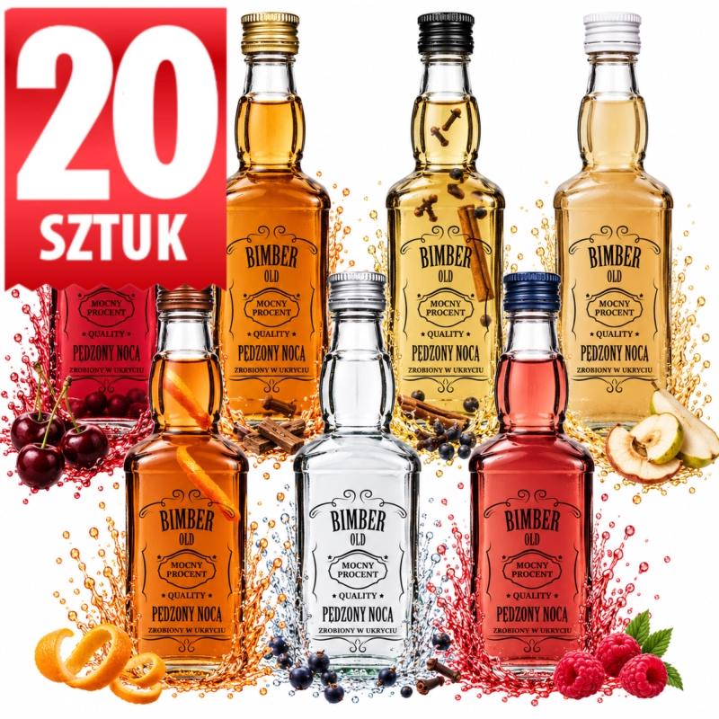 Opakowanie zbiorcze 20 szklanych butelek Jack 500 ml z sitodrukiem Bimber Pędzony Nocą, z nalewkami w kilku kolorach