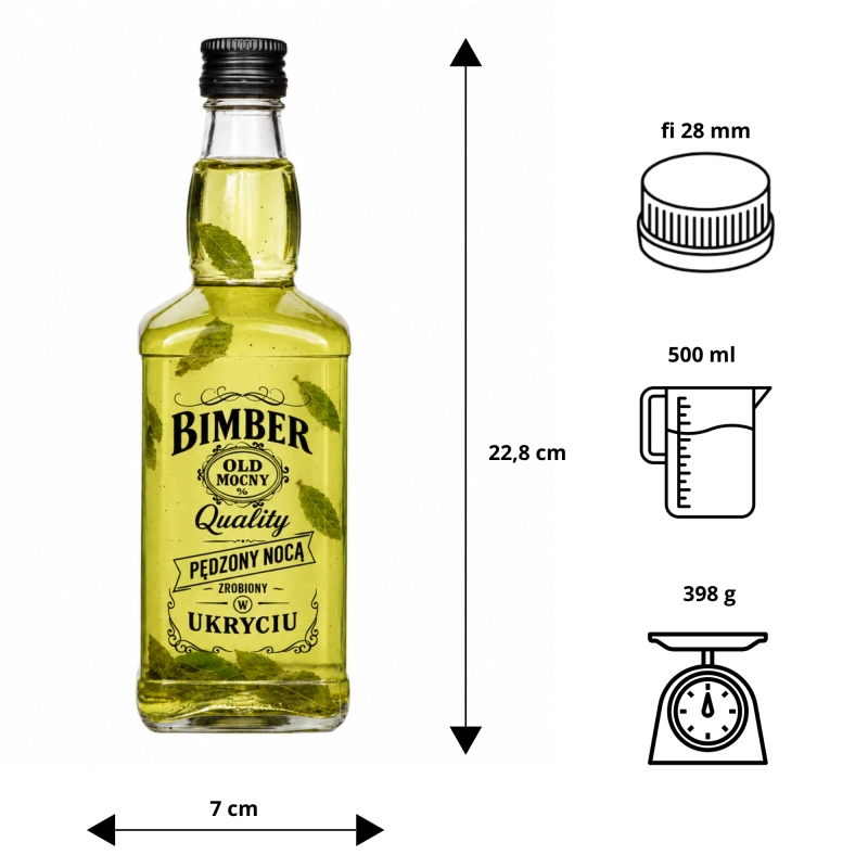 Wymiary szklanej butelki Jack 500 ml z grafiką Bimber Quality oraz pasująca zakrętka 28/18 na rysunku technicznym